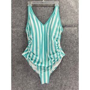 Kona Sol Aqua‎ Striped One Piece Swimsuit Ruched V Neck Adjustable Straps 16W